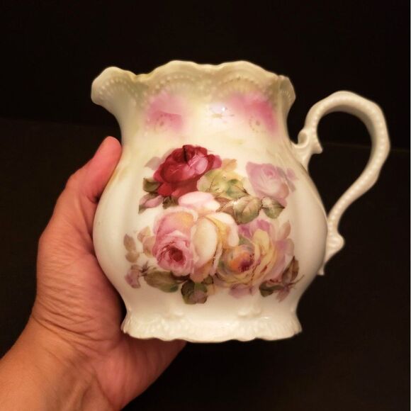 Leuchtenburg Germany Porcelain Cream Pitcher Jug Pink Roses Castle Mark Antique - Picture 12 of 12